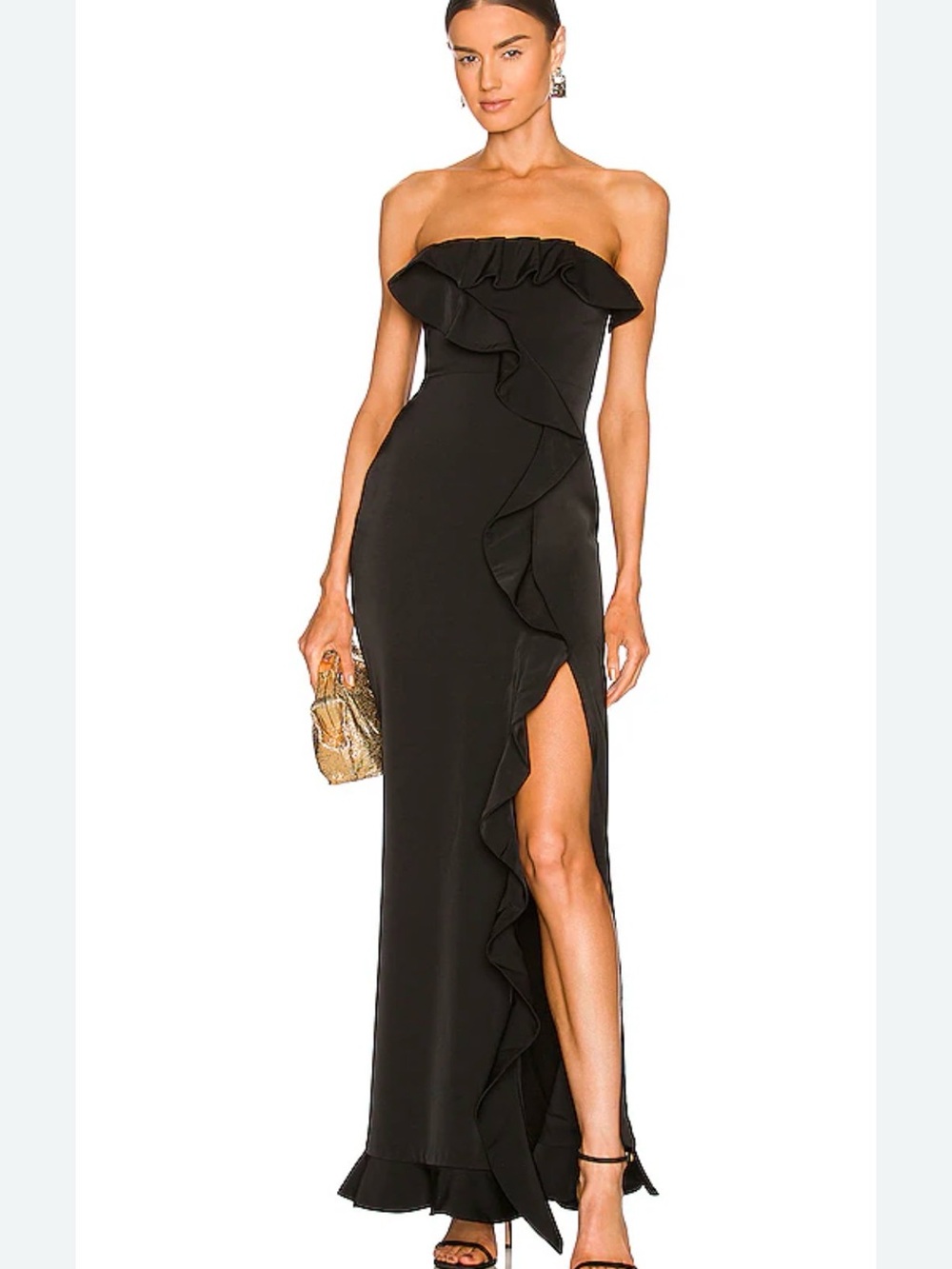 NBD Luna Gown | Black Strapless Ruffle Column Gown with Side Slit